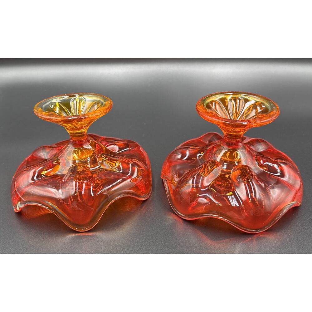 MCM VIKING Persimmon Amberina 6 Petal Candle Holders GLOW - Picture 6 of 10